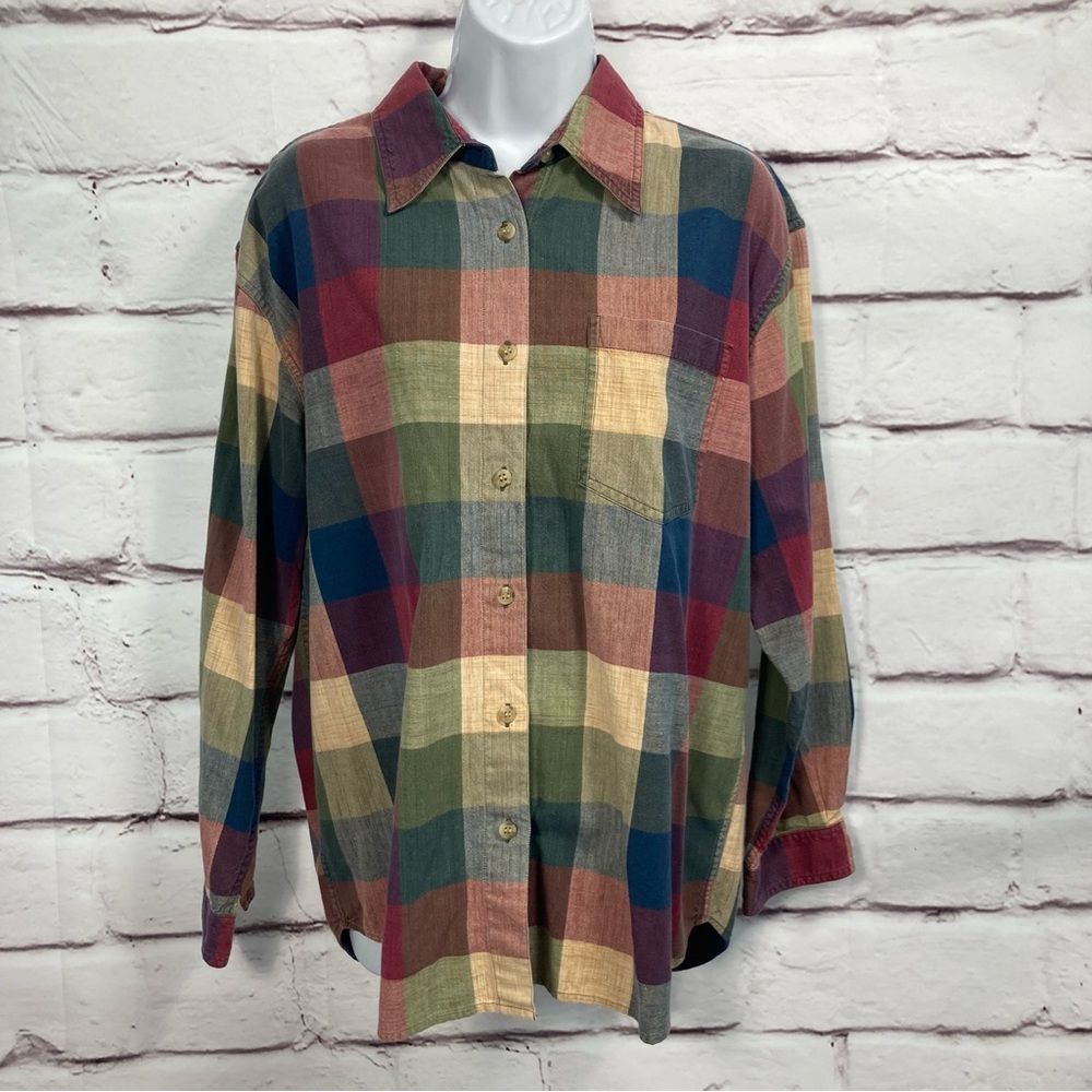 Blue Spruce Womens Shirt SZ L 100% Cotton Button Up Multicolored Plaid VIntage